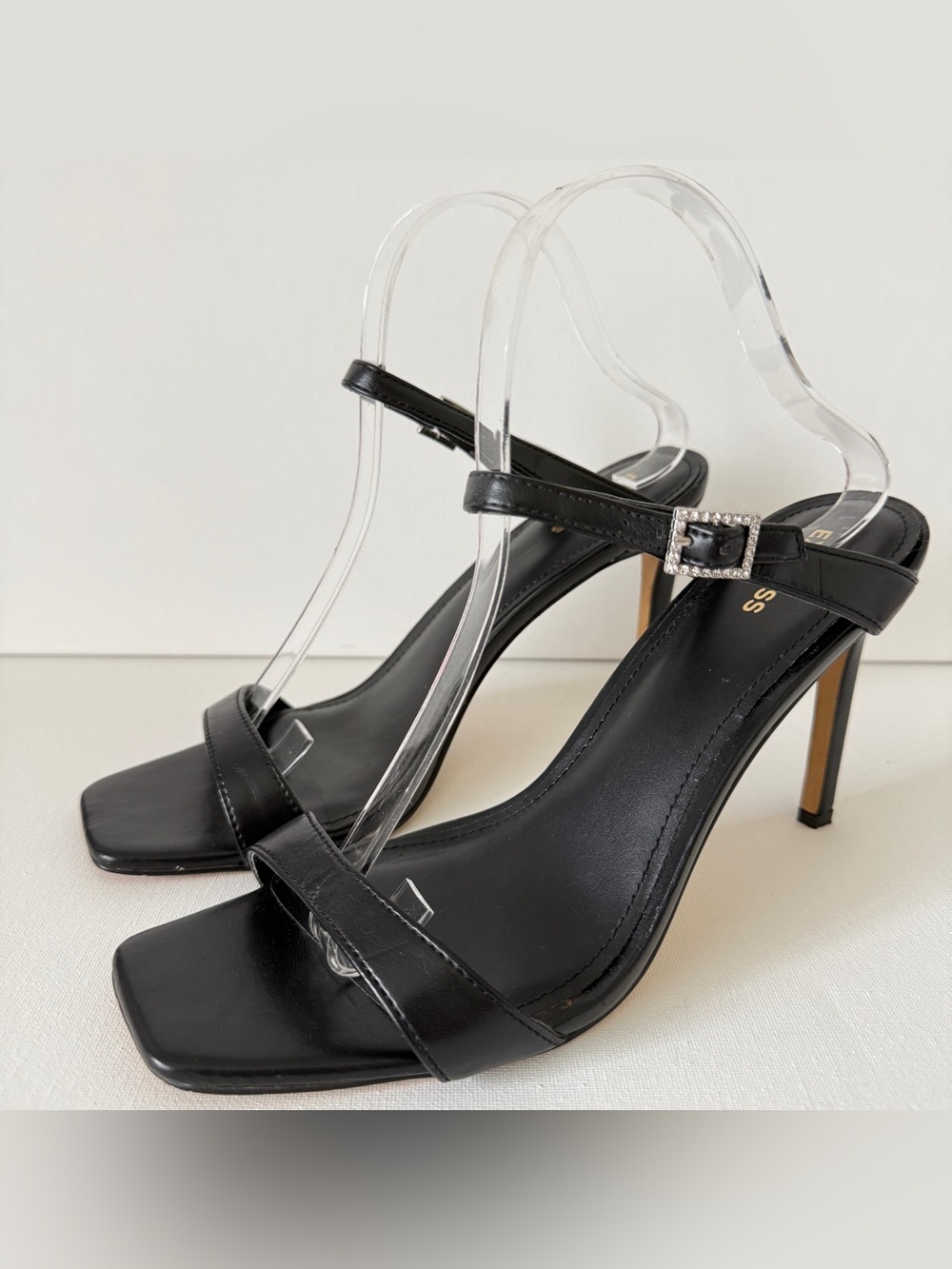 Express Women’s Size 10 Black Square Toe Rhinestone Buckle Strappy Heels 3.5”